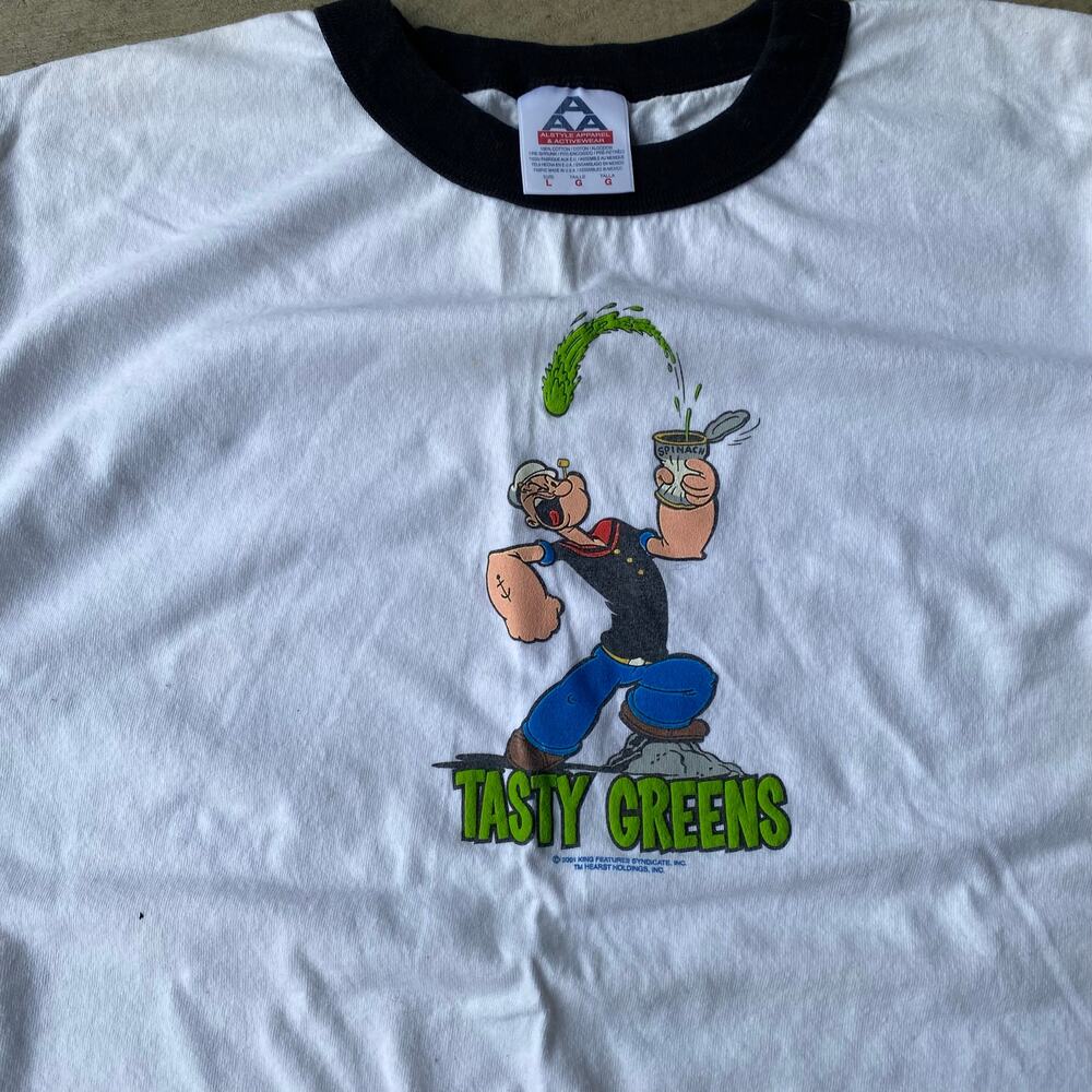 VINTAGE TASTY GREENS POPEYES SHIRT RINGER WHITE TEE SHIRT LRG